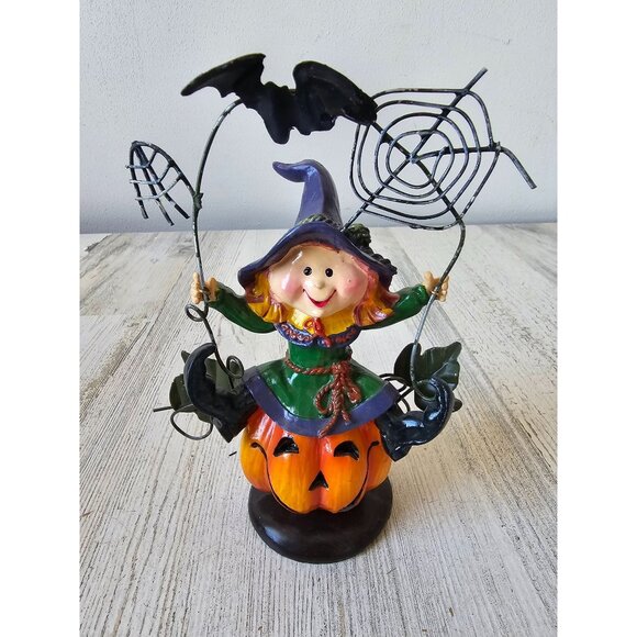 Witch spider web figurine statue decor Halloween pumpkin jack o'lantern bat shab - Picture 1 of 8